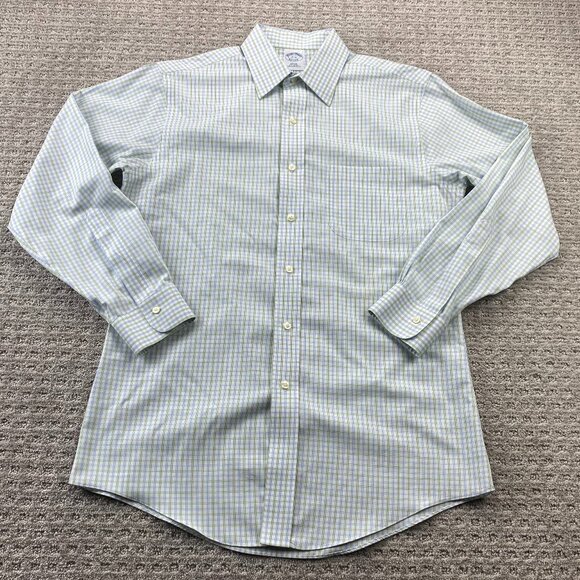 Brooks Brothers Button Up Shirt Men 15-32 Slim Fit Non-Iron White Green Check - Picture 1 of 9